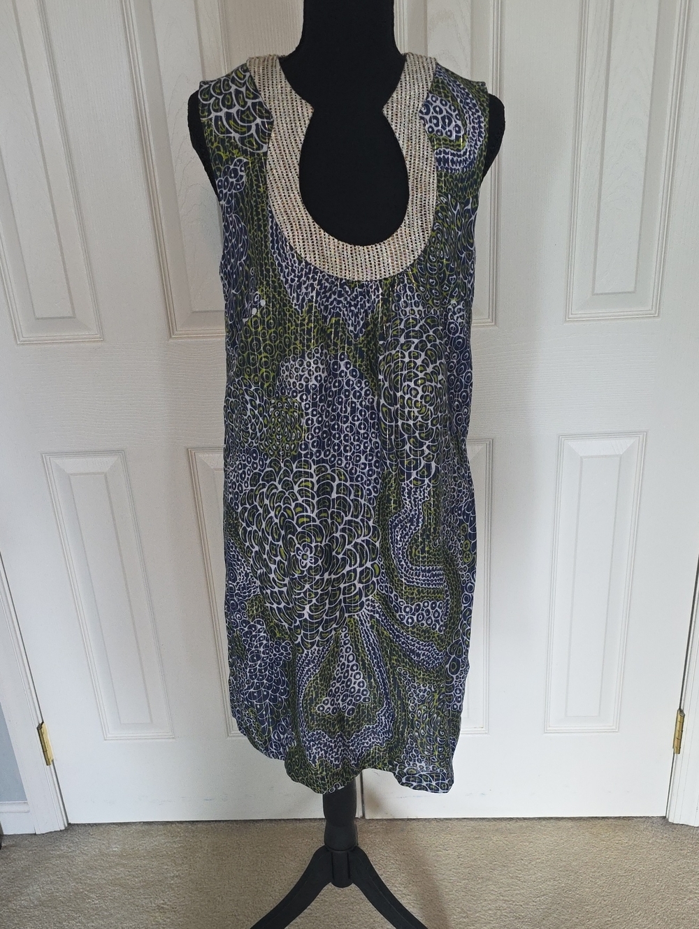 Trina Turk Navy and Olive Floral Sleeveless Midi with Beaded Cream Neckline